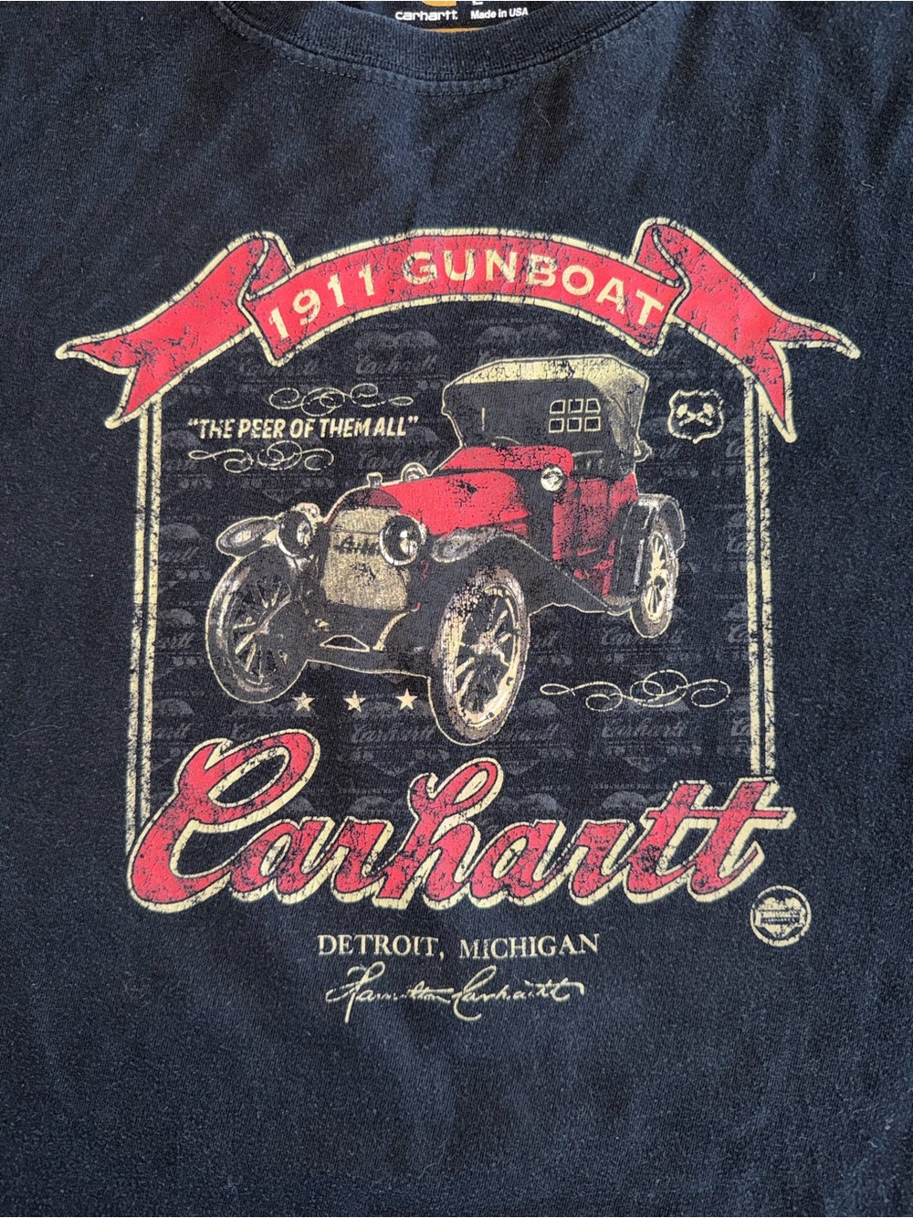 Carhartt Black Tee with Red & Cream 1911 Gunboat Car Graphic